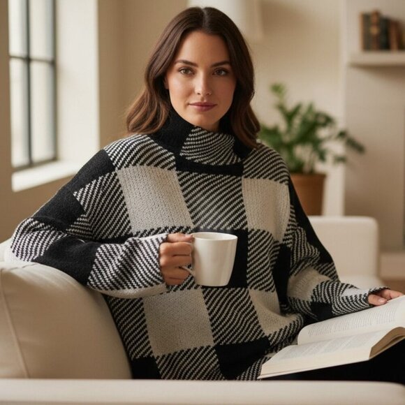 DKNY Sweaters - DKNY Black & Ivory Buffalo Check Knit Sweater | Cozy Statement Pullover | Size L